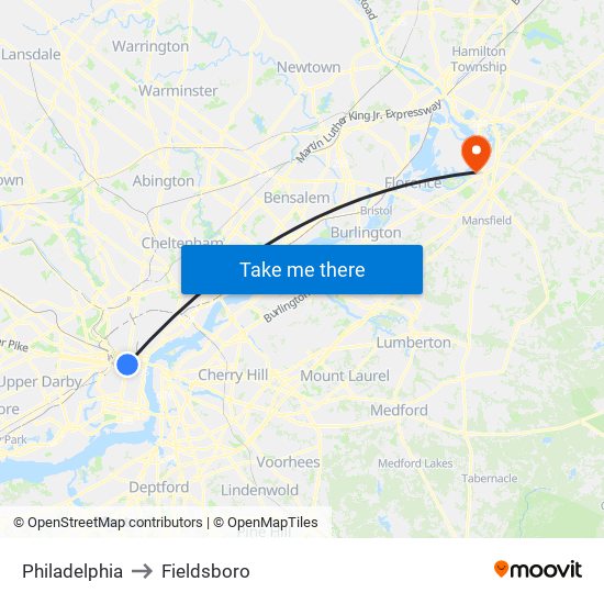 Philadelphia to Fieldsboro map