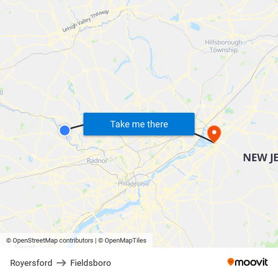 Royersford to Fieldsboro map