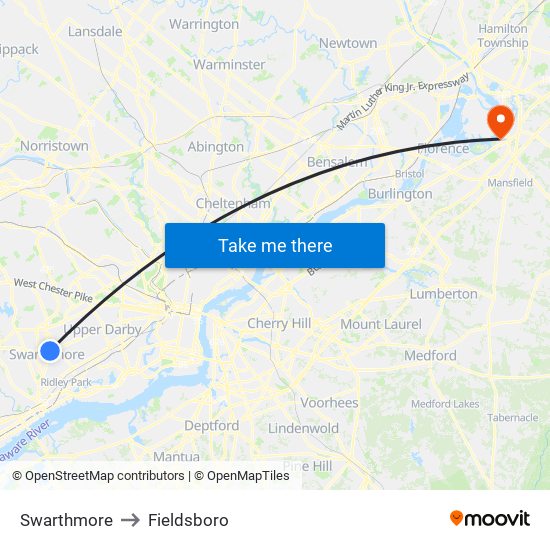 Swarthmore to Fieldsboro map