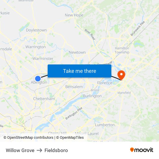 Willow Grove to Fieldsboro map