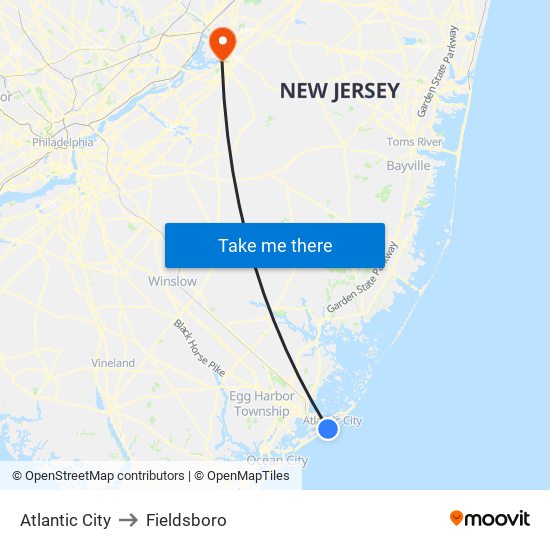 Atlantic City to Fieldsboro map