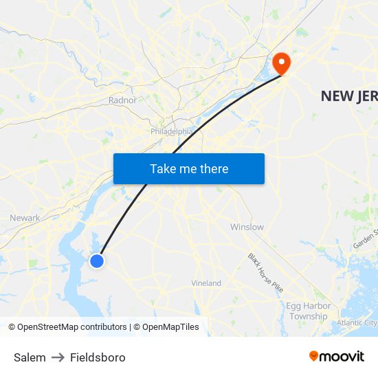 Salem to Fieldsboro map