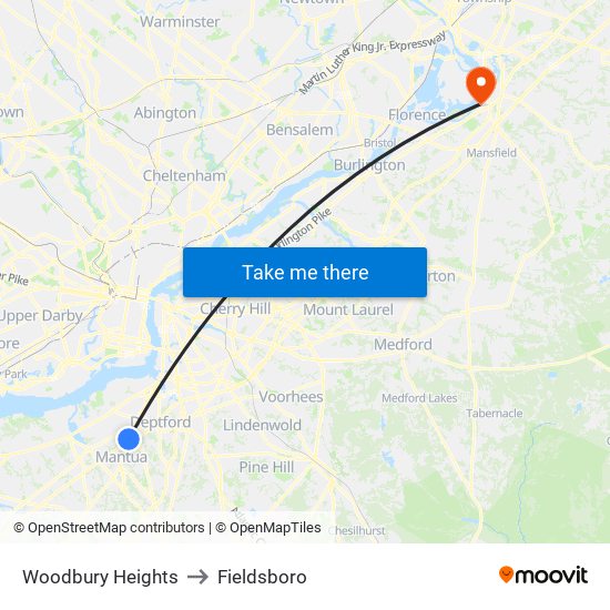 Woodbury Heights to Fieldsboro map