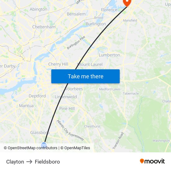 Clayton to Fieldsboro map