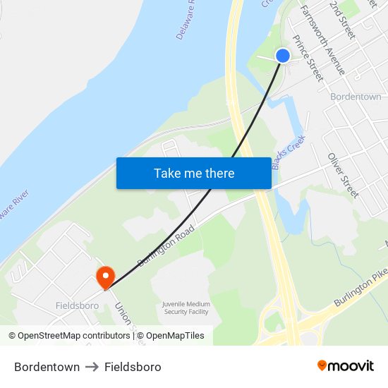 Bordentown to Fieldsboro map