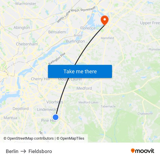 Berlin to Fieldsboro map