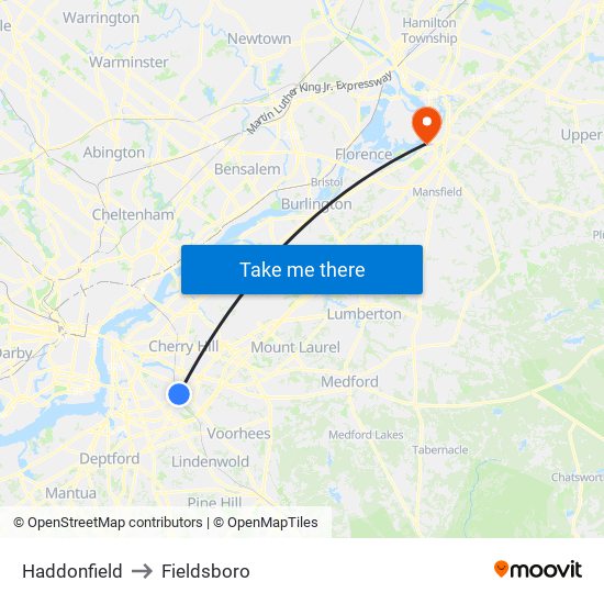 Haddonfield to Fieldsboro map