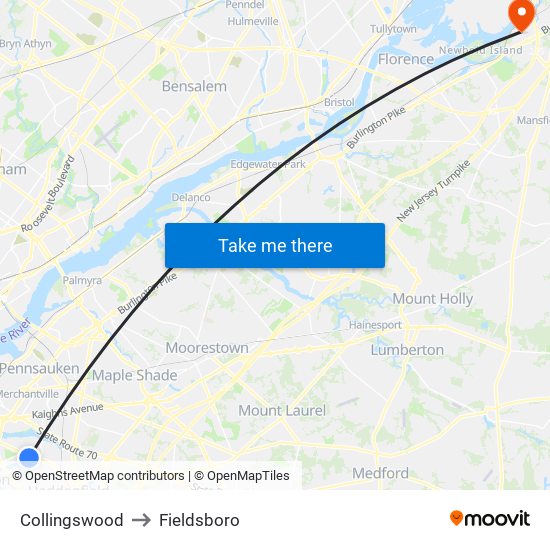 Collingswood to Fieldsboro map