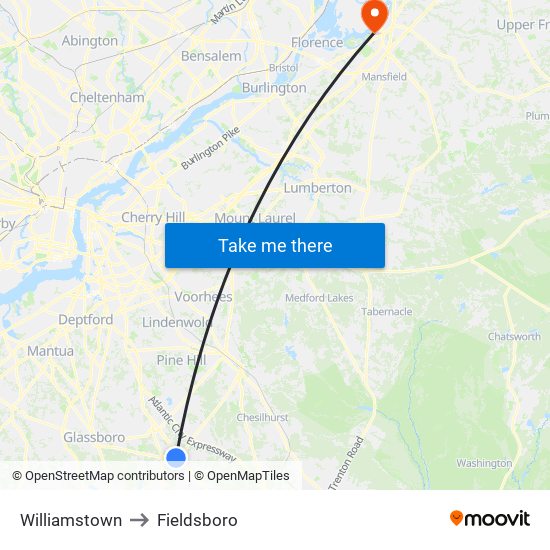 Williamstown to Fieldsboro map