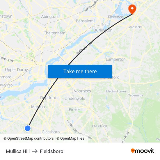 Mullica Hill to Fieldsboro map