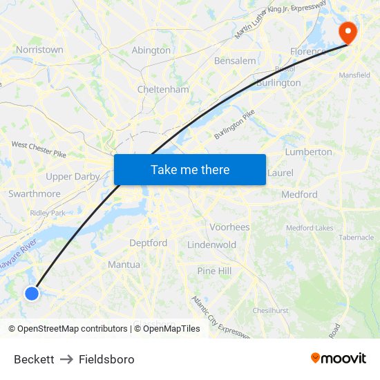 Beckett to Fieldsboro map