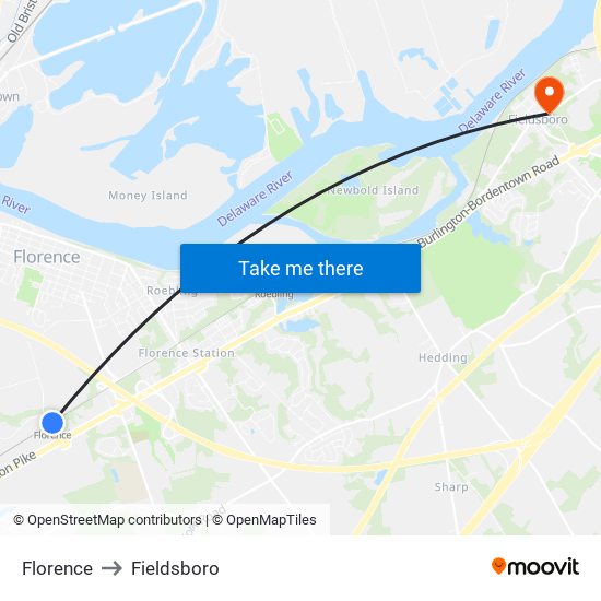Florence to Fieldsboro map