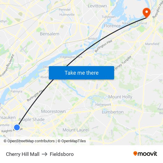 Cherry Hill Mall to Fieldsboro map