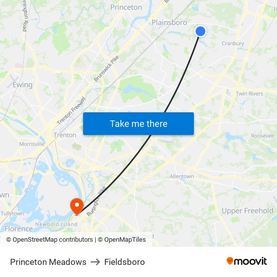 Princeton Meadows to Fieldsboro map