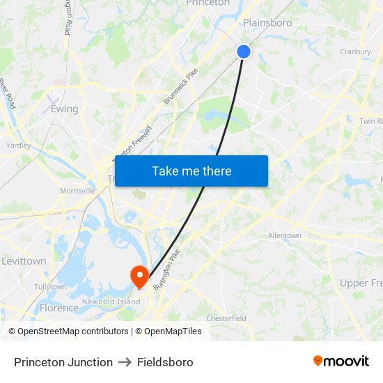 Princeton Junction to Fieldsboro map
