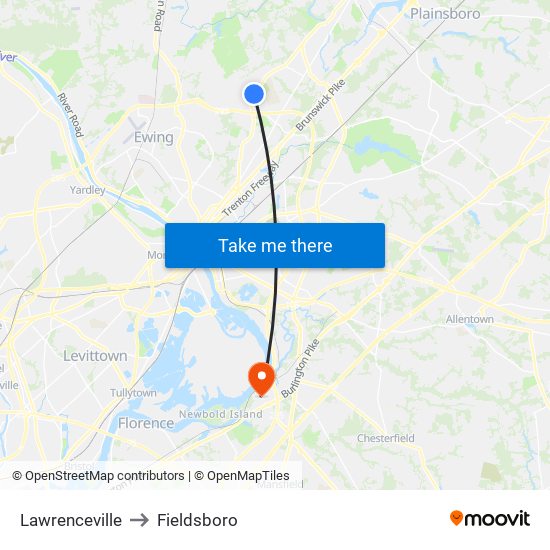 Lawrenceville to Fieldsboro map