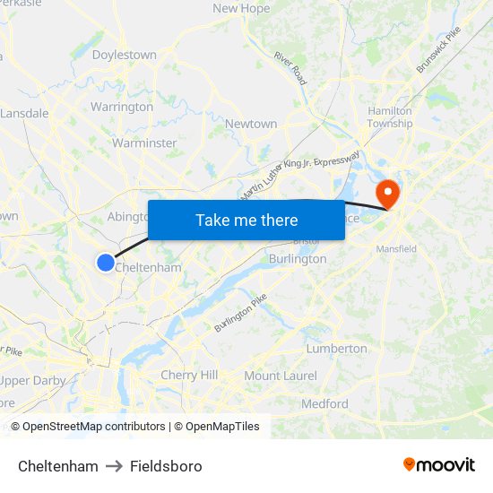 Cheltenham to Fieldsboro map