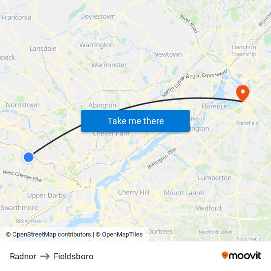 Radnor to Fieldsboro map