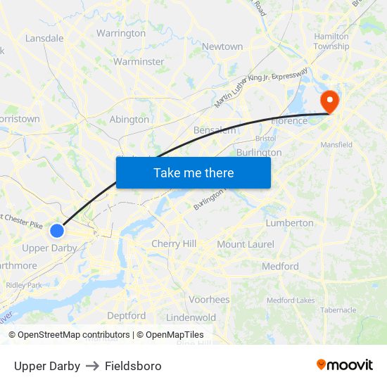 Upper Darby to Fieldsboro map