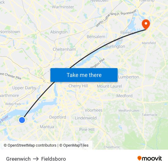 Greenwich to Fieldsboro map