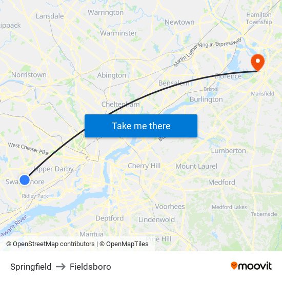 Springfield to Fieldsboro map