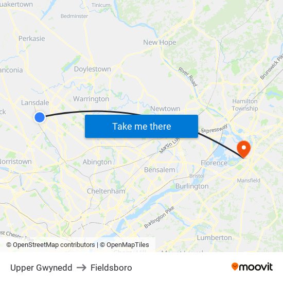 Upper Gwynedd to Fieldsboro map