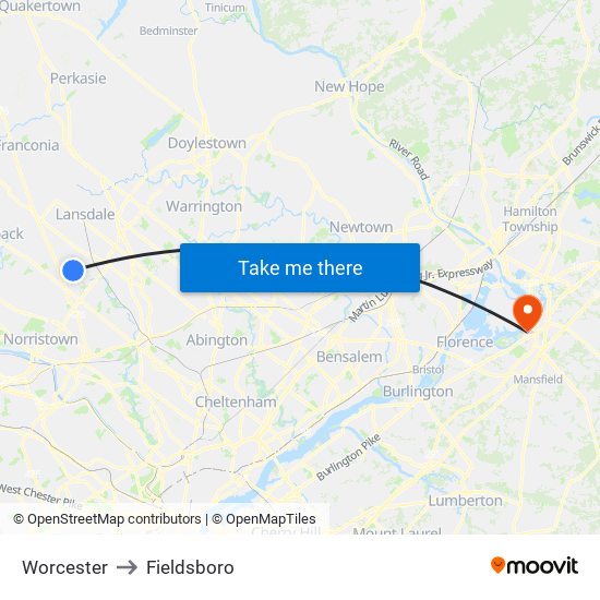 Worcester to Fieldsboro map