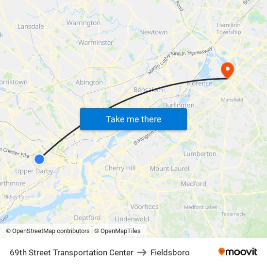 69th Street Transportation Center to Fieldsboro map
