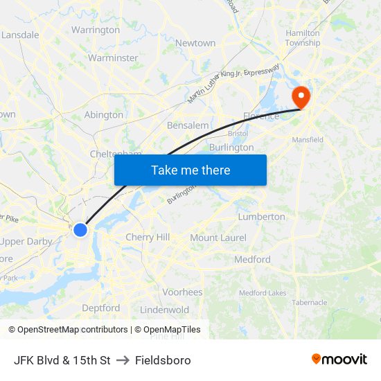 JFK Blvd & 15th St to Fieldsboro map