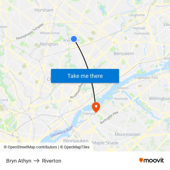 Bryn Athyn to Riverton map