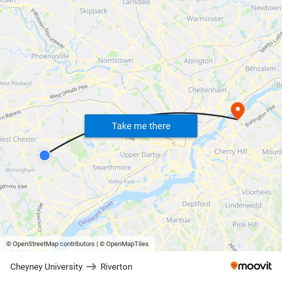 Cheyney University to Riverton map