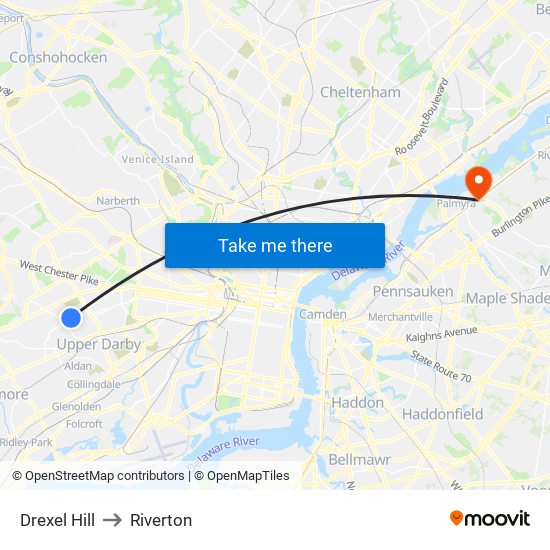 Drexel Hill to Riverton map