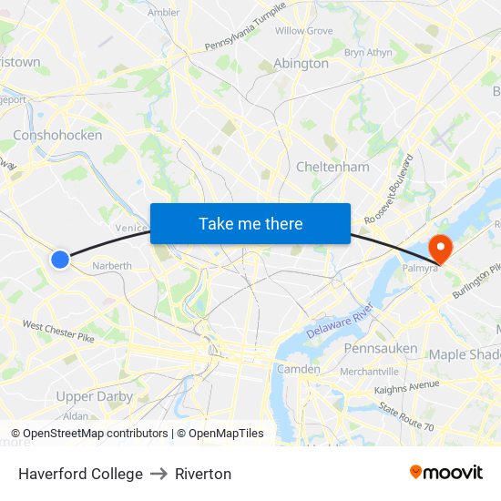 Haverford College to Riverton map