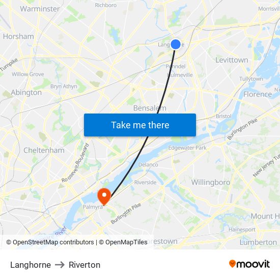 Langhorne to Riverton map