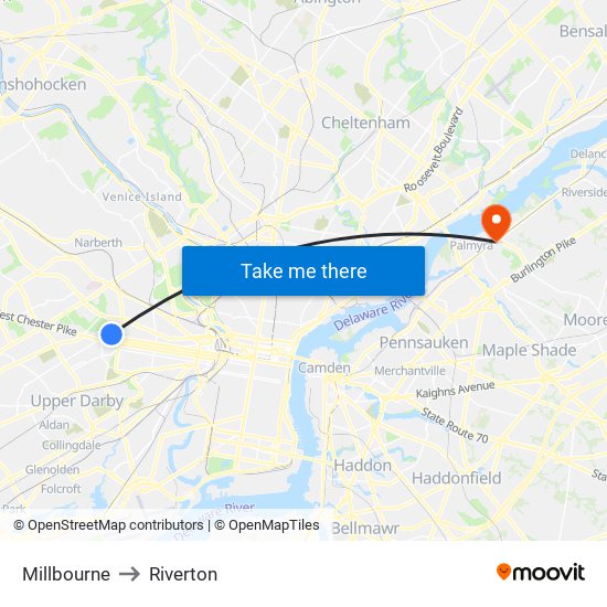 Millbourne to Riverton map