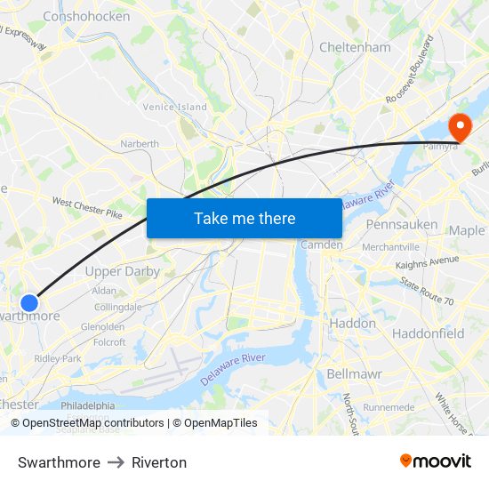 Swarthmore to Riverton map