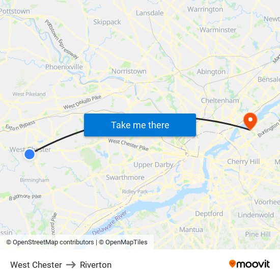 West Chester to Riverton map