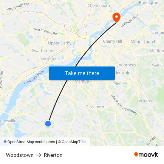 Woodstown to Riverton map