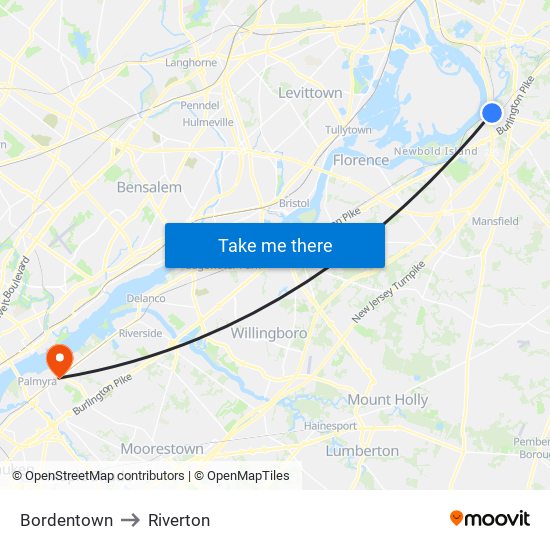 Bordentown to Riverton map