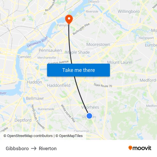 Gibbsboro to Riverton map
