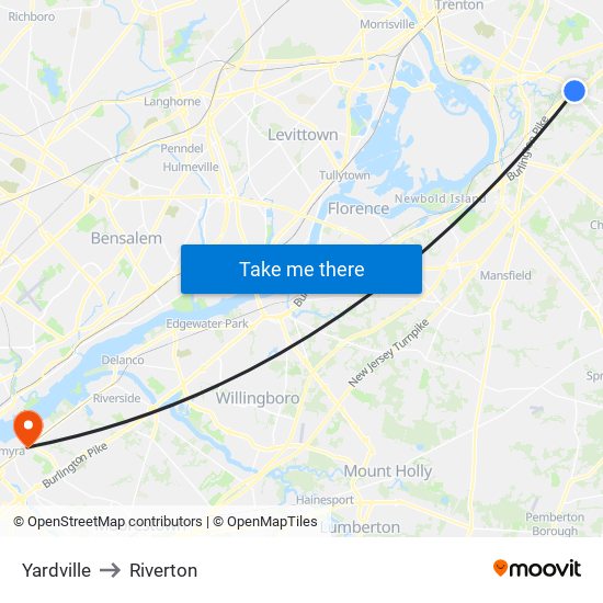 Yardville to Riverton map