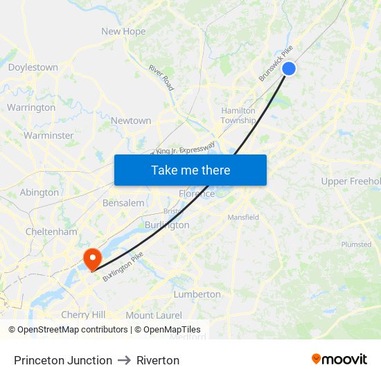 Princeton Junction to Riverton map
