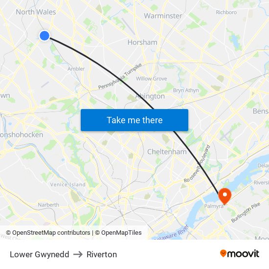 Lower Gwynedd to Riverton map