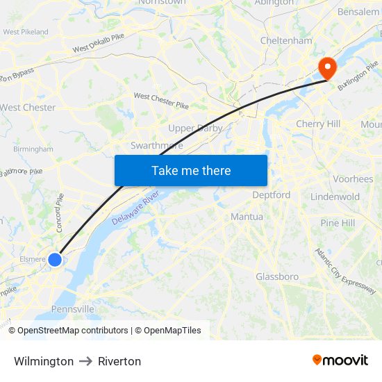 Wilmington to Riverton map