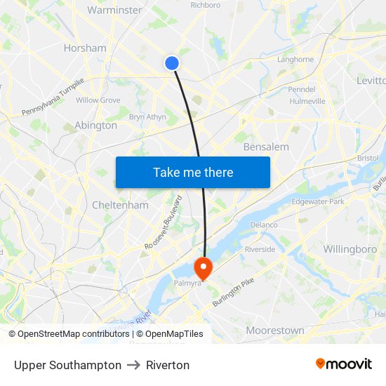 Upper Southampton to Riverton map