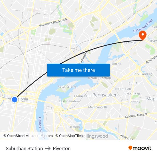 Suburban Station to Riverton map