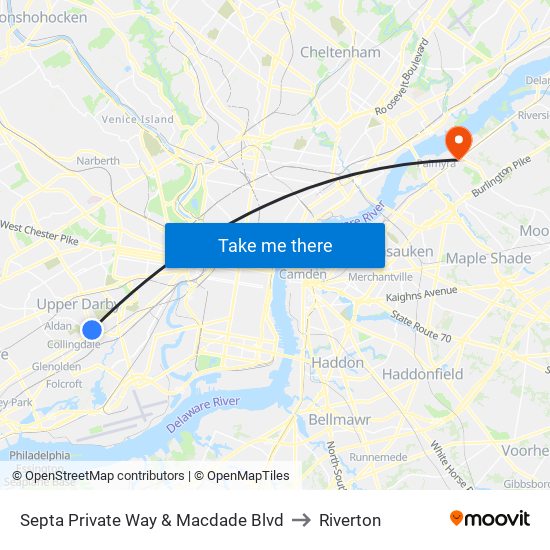 Septa Private Way & Macdade Blvd to Riverton map