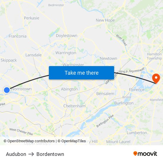 Audubon to Bordentown map