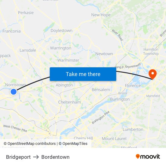 Bridgeport to Bordentown map