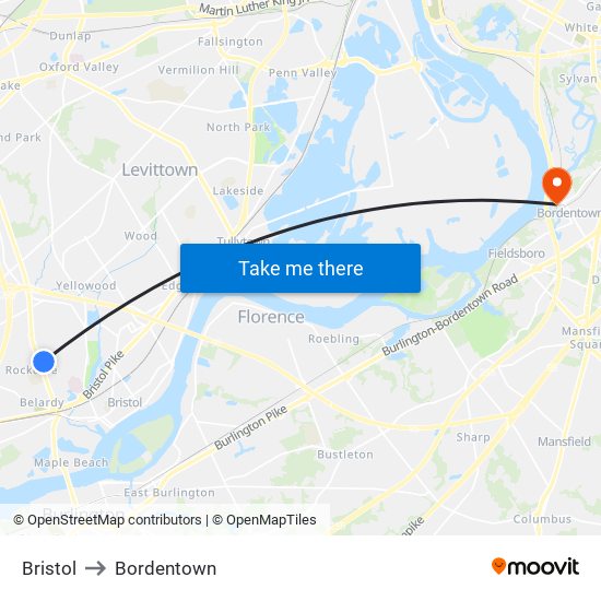 Bristol to Bordentown map